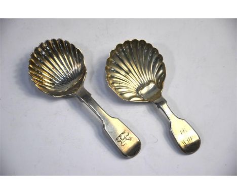 A Victorian silver fiddle pattern caddy spoon with shell bowl, Clement Cowland I, Newcastle, 1848 to/w a similar caddy spoon,