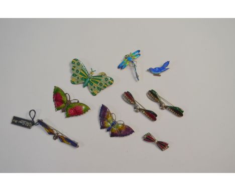 Six polychrome enamel butterfly brooches to/w dragonfly, blue bird and bow brooches, some paste set (9)