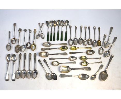 A set of six Sterling coffee spoons with jadeite handles, to/w a quantity of Georgian and later teaspoons - various makers an