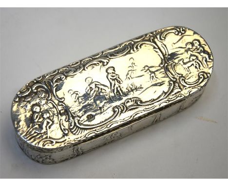 A 19th century Dutch silver snuff box embossed with figures in rural pursuits, Sheffield import 1894, 11 cm wide