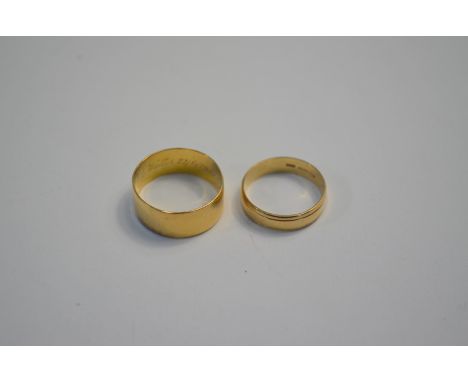 An 18ct yellow gold wide wedding band, size U, approx 6.6g to/w a 9ct yellow gold wedding band, size R, approx 2.7g (2)