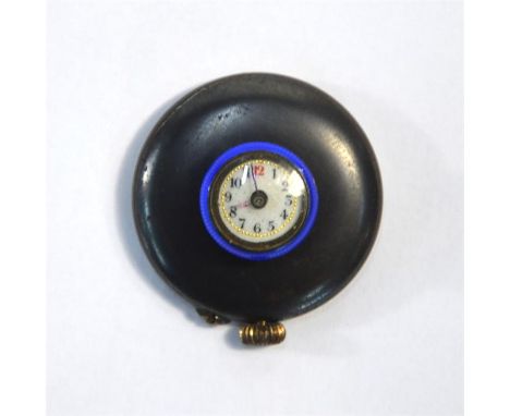 An unusual early 20th century Swiss gun-metal button-hole watch, the 9 mm dial with blue enamelled surround