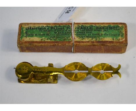 A pair of lacquered brass Harrison's Patent Portable Balance sovereign scales, in original box (little used)
