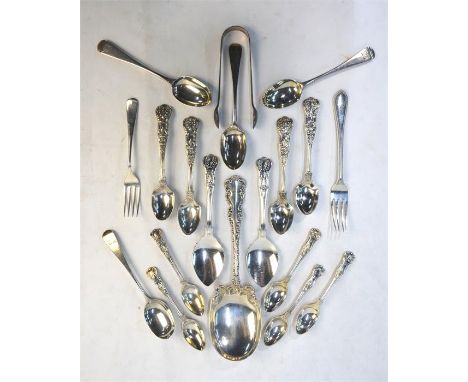 An American Sterling serving spoon with ornate stem, to/w various Victorian and later silver spoons, forks and a pair of suga