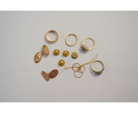 Mixed items including three 18ct yellow gold dress studs, pair of oval monogrammed cufflinks stamped 9ct, distorted 22ct yell