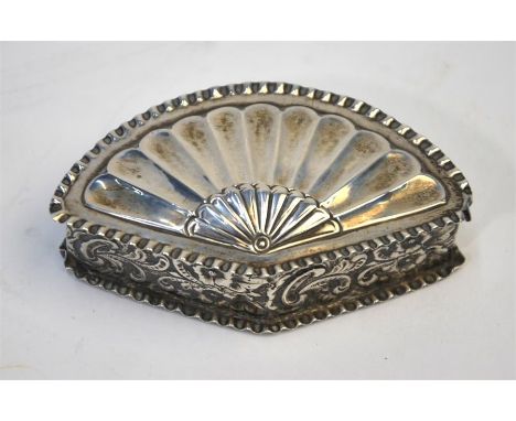 A Victorian embossed silver fan-shaped snuff box, Nathan &amp; Hayes, Birmingham 1891, 8.5 cm wide