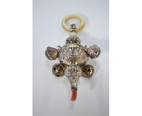 An Edwardian silver baby's rattle with four bells and mother-of-pearl ring (coral teether a/f), Crisford &amp; Norris Ltd., B