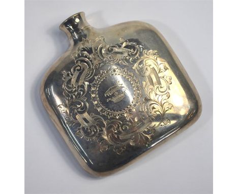 A Victorian hip-pocket spirit flask engraved with scrolling foliage and family crest, screw cover, Hawkesworth, Eyre &amp; Co