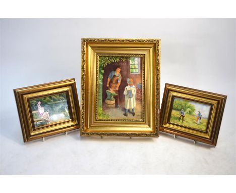 Three ceramic plaques hand painted by Francis Clark - Harvesting, 7 x 10 cm, Fishing, 7.7 x 10.2 cm and Blacksmith, 17.5 x 12