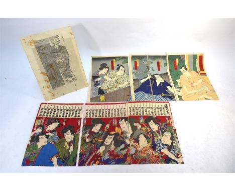 A Japanese picture after Shiko Munakata's self-portrait, 35.5 x 26 cm; together with: an oban triptych by Kunichika Toyohara 
