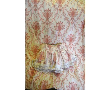 Two pairs of gros-grain ivory silk effect curtains with dark peach foliate design c/w pelmets and tie-backs, one pair (each c