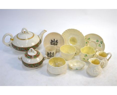 A collection of Belleek including a Third Period 'Celtic Ring' pattern teapot and covered sugar bowl, two lustre teacups and 