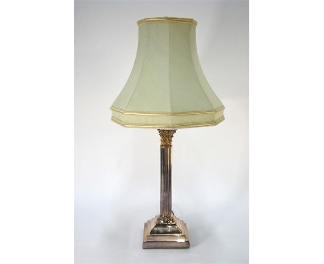 A plated on copper classical column table lamp on square base, 36 cm high