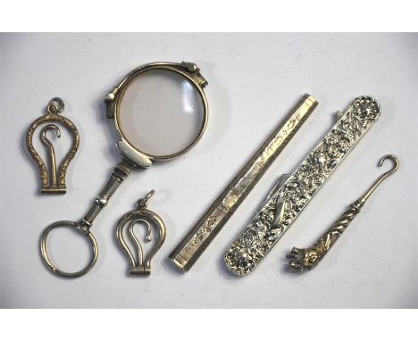 A pair of George IV silver folding lorgnettes, Mary Ann Holmer, London, 1827 to/w a Georgian unmarked white metal bodkin case