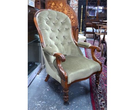 A Victorian mahogany framed button upholstered open armchair to/w a similarly upholstered nursing chair (2)