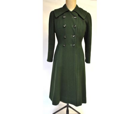 A collection of 1940/50's clothing to include; a green wool coat, a pale grey wool checked ladies suit, and a dark brown wool