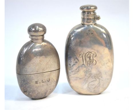 An Edwardian heavy quality oval silver small hip flask with hinged bun cover and detachable beaker, Percy Edwards Ltd, London