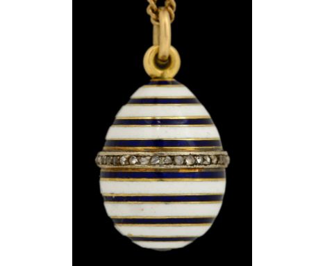 A RUSSIAN ROSE DIAMOND, GOLD AND BLUE AND WHITE ENAMEL EASTER EGG PENDANT, POSSIBLY  FABERGE, C1900  16.8mm h, indistinct cyr