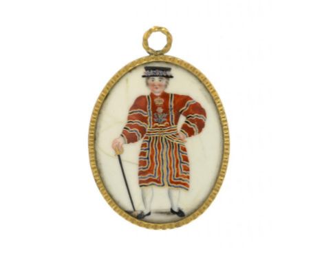A SOUTH STAFFORDSHIRE ENAMEL OVAL PLAQUE, C1770  unusually painted with a Yeoman Warder ('Beefeater'), giltmetal frame, 7.5cm