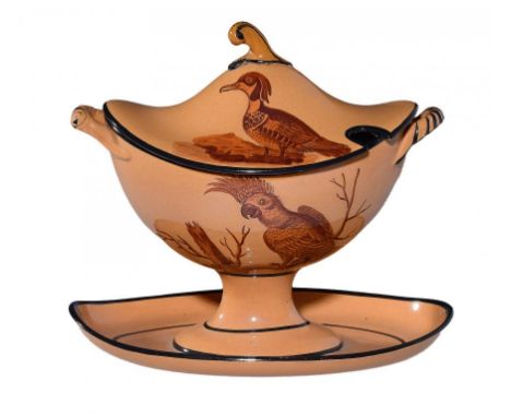 A FINE DAVENPORT CHALCEDONY ORNITHOLOGICAL DESSERT SERVICE, C1810  painted in red monochrome by the so called Hyphen painter,