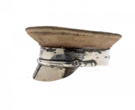 A GEORGE V SILVER AND FADED RED VELVET ARMY OFFICER'S CAP NOVELTY PIN CUSHION 5cm w, by Adie & Lovekin Ltd, Birmingham 1914 +