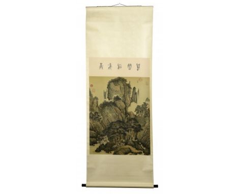 CHINESE SCHOOL PINE TREES IN THE VALLEYS   watercolour on woven silk, with inscription and red seals, scroll painting,  c186 