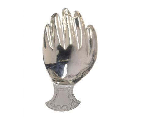 A GEORGE III SILVER HAND NOVELTY CADDY SPOON 6.5cm l, maker  -S,  London 1808, 5dwts ++Shallow dent at back of hand only, no 