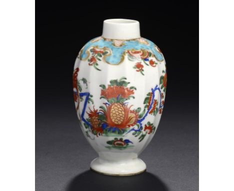 A WORCESTER FLUTED JABBERWOCKY PATTERN TEA CANISTER, C1768-75 12cm h, fretted square ++Light wear and minor scratches only.  