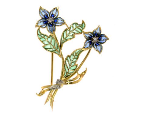 A DIAMOND AND GOLD AND PLIQUE A JOUR ENAMEL SPRAY BROOCH   ++In fine condition, the enamel undamaged gross weight 7.4g