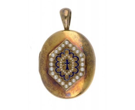 A VICTORIAN SPLIT PEARL AND GOLD AND BLUE ENAMEL LOCKET, C1870 ++Under magnification some extremely minor damage to the blue 