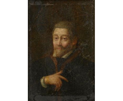 NORTHERN EUROPEAN SCHOOL PORTRAIT OF A MAN IN A FUR TRIMMED COAT  bust length, oil on panel, 15 x 10cm ++The medium thin in p