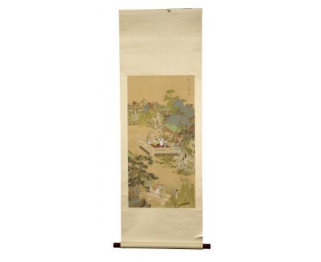 CHINESE SCHOOL GARDEN SCENE WITH FIGURES ON A TERRACE OR CROSSING A BRIDGE  watercolour on woven silk, with inscription and r