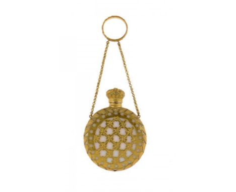 AN OPALINE GLASS AND GILTMETAL SCENT BOTTLE, PROBABLY FRENCH, MID 19TH C of trellis design, with chased cap, chain and finger