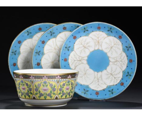THREE MINTON'S AESTHETIC BONE CHINA WATERLILY MOULDED PLATES DESIGNED BY DR CHRISTOPHER DRESSER, C1870 AND A SLOP BASIN, C187