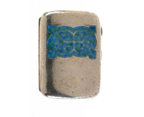 A LIBERTY & CO SILVER AND ENAMEL CIGARETTE CASE hammer textured, 8cm w, mark of Liberty & Co Ltd, Birmingham 1936, 3ozs ++In 