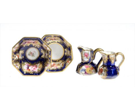 A DAVENPORT COBALT GROUND TOY JUG AND BASIN AND A SIMILAR CONTEMPORARY JUG AND BASIN, C1825  painted with panels of flowers, 