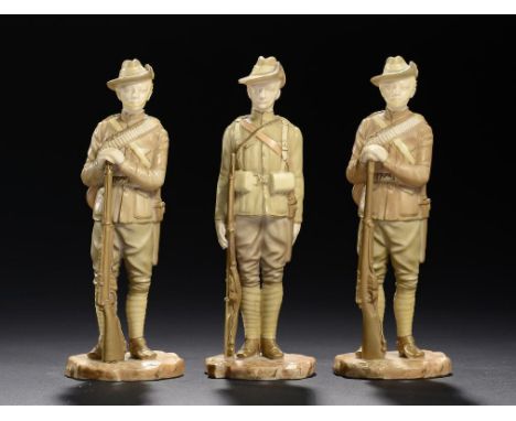 THREE ROYAL WORCESTER FIGURES OF SOLDIERS OF THE BOER WAR - CITY IMPERIAL VOLUNTEER AND IMPERIAL YEOMAN, 1898 AND 99 19cm h, 