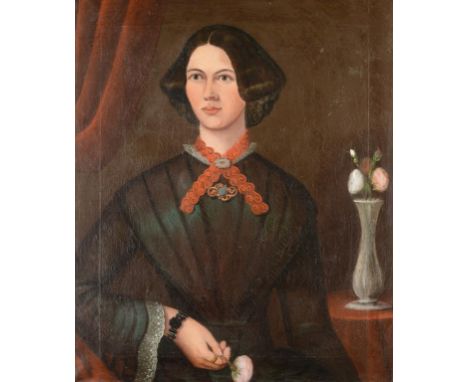 BRITISH  NAIVE ARTIST, 19TH C PORTRAIT OF A LADY  half length in a brown dress, a rose in her right hand, oil on canvas, 74 x