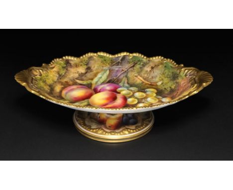 A ROYAL WORCESTER FRUIT STAND, 1930 painted by T Lockyer, signed, with fruit, 31.5cm w, printed mark ++++