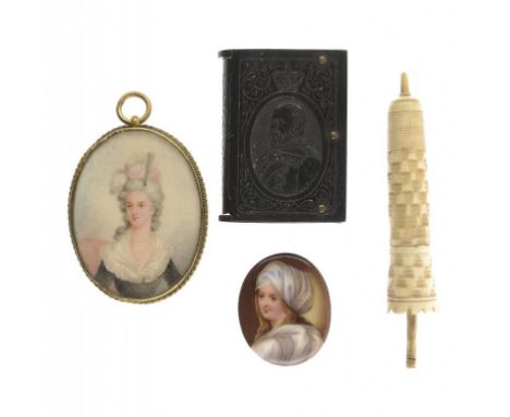 A CONTINENTAL DECORATIVE PORTRAIT MINIATURE OF MARIE ANTOINETTE, C1900  ivory, oval, 5.2 x 4cm, giltmetal frame, a Continenta