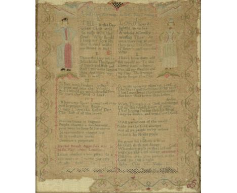 A HUGUENOT LINEN BI-LINGUAL SAMPLER worked by Rachel Briault MAY1768 LONDRES, with two full length figures and verses, approx
