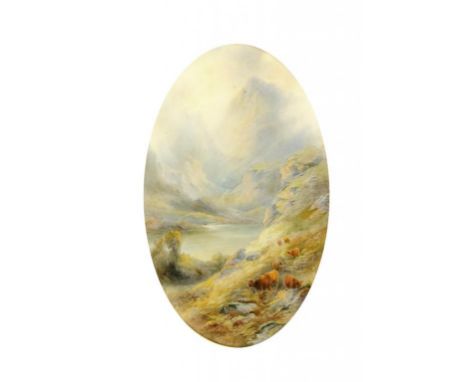 A PAIR OF ROYAL WORCESTER OVAL PLAQUES, 1919  painted by J Stinton,  both signed, with Loch Lomond or The Vale of Glencoe, 23