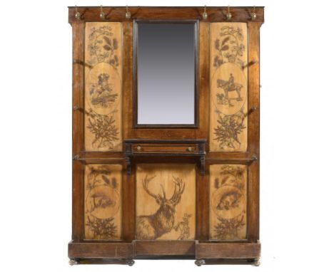 AN UNUSUAL FRENCH WALNUT AND POKERWORK HALL STAND, DATED 1900  decorated with hunting subjects, 207cm h, 152cm w ++Some worm 