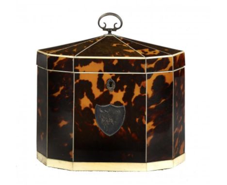 A GEORGE III TORTOISESHELL TEA CADDY, C1800 decagonal with ivory stringing and silver mounts, 13cm h (handle down) ++A fine c