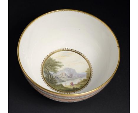 A DERBY SLOP BASIN, C1790 painted by Zachariah Boreman with a landscape, 16.5cm diam, puce painted mark and 118, collector's 