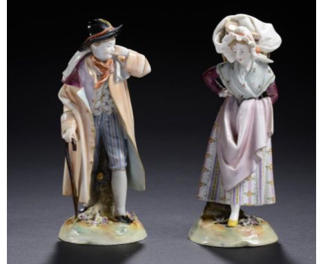 A PAIR OF CONTINENTAL PORCELAIN FIGURES OF A FARMER AND COMPANION, LATE 19TH C  17cm h ++Slight restoration to walking stick,