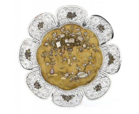A JAPANESE SHIBAYAMA AND SILVER AND ENAMEL PLAQUE, MEIJI  the central gold lacquer panel profusely decorated with a flower fi