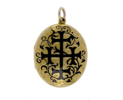 A VICTORIAN GOLD AND BLACK ENAMEL LOCKET, C1870 with engraved back ++In fine condition the enamel undamaged