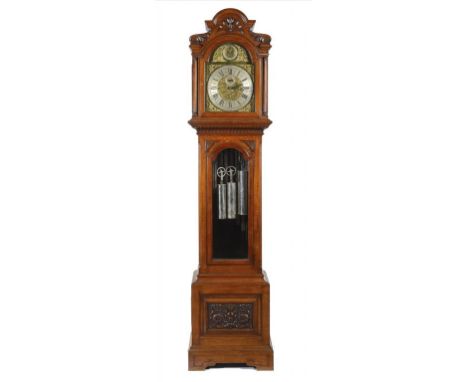 AN EDWARD VII OAK LONGCASE CLOCK, C1910  with brass breakarched dial with CHIME/SILENT  dial to the arch, the substantial, we