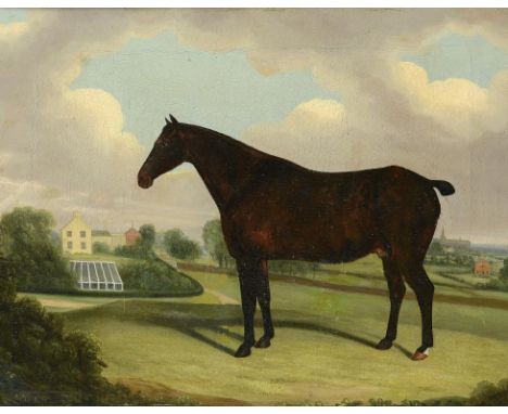 ENGLISH SCHOOL, EARLY 19TH C PORTRAIT OF A HORSE IN THE GROUNDS OF A COUNTRY HOUSE  indistinctly signed, oil on canvas, 34.5 